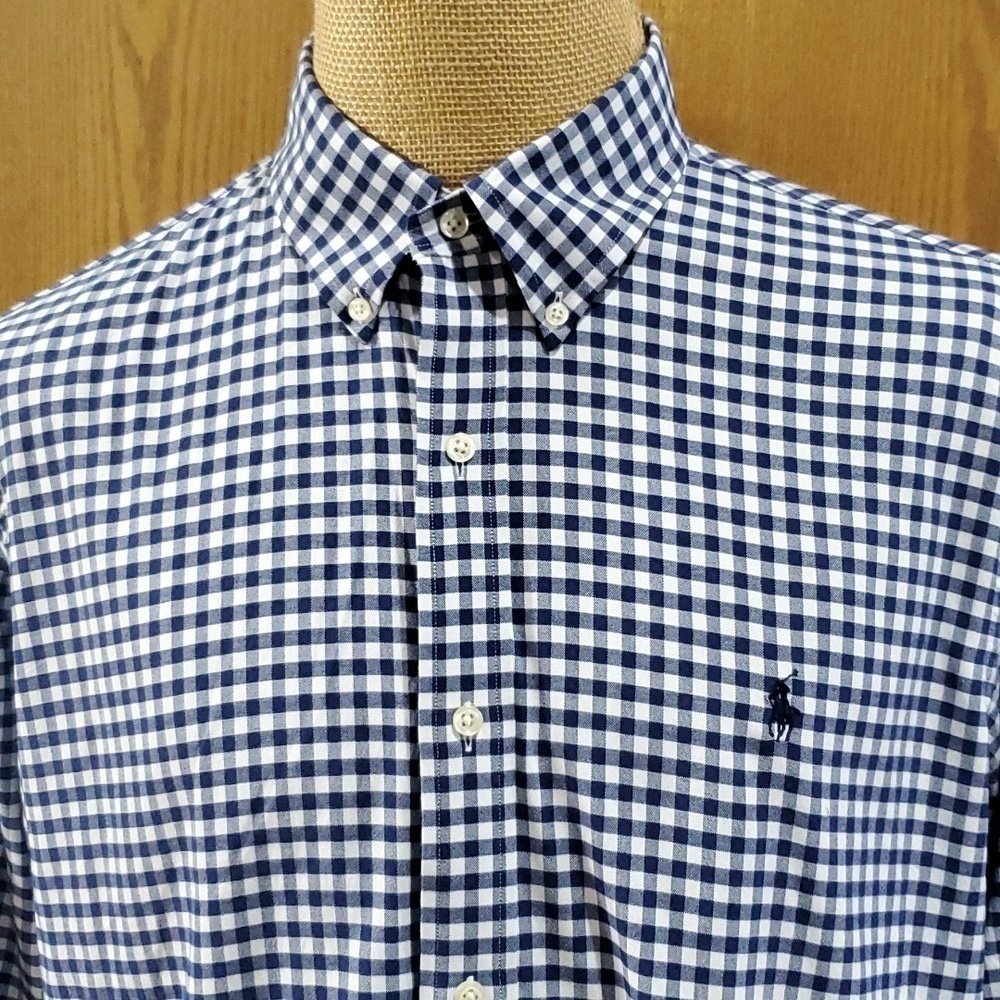 Ralph Lauren classic fit performance blue white gingham checkered long sleeve